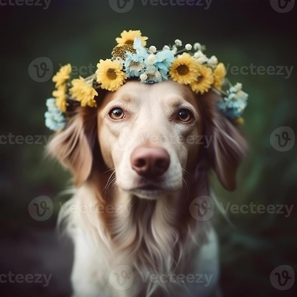 hund med blomma krans på huvud. realistisk porträtt. generativ ai foto