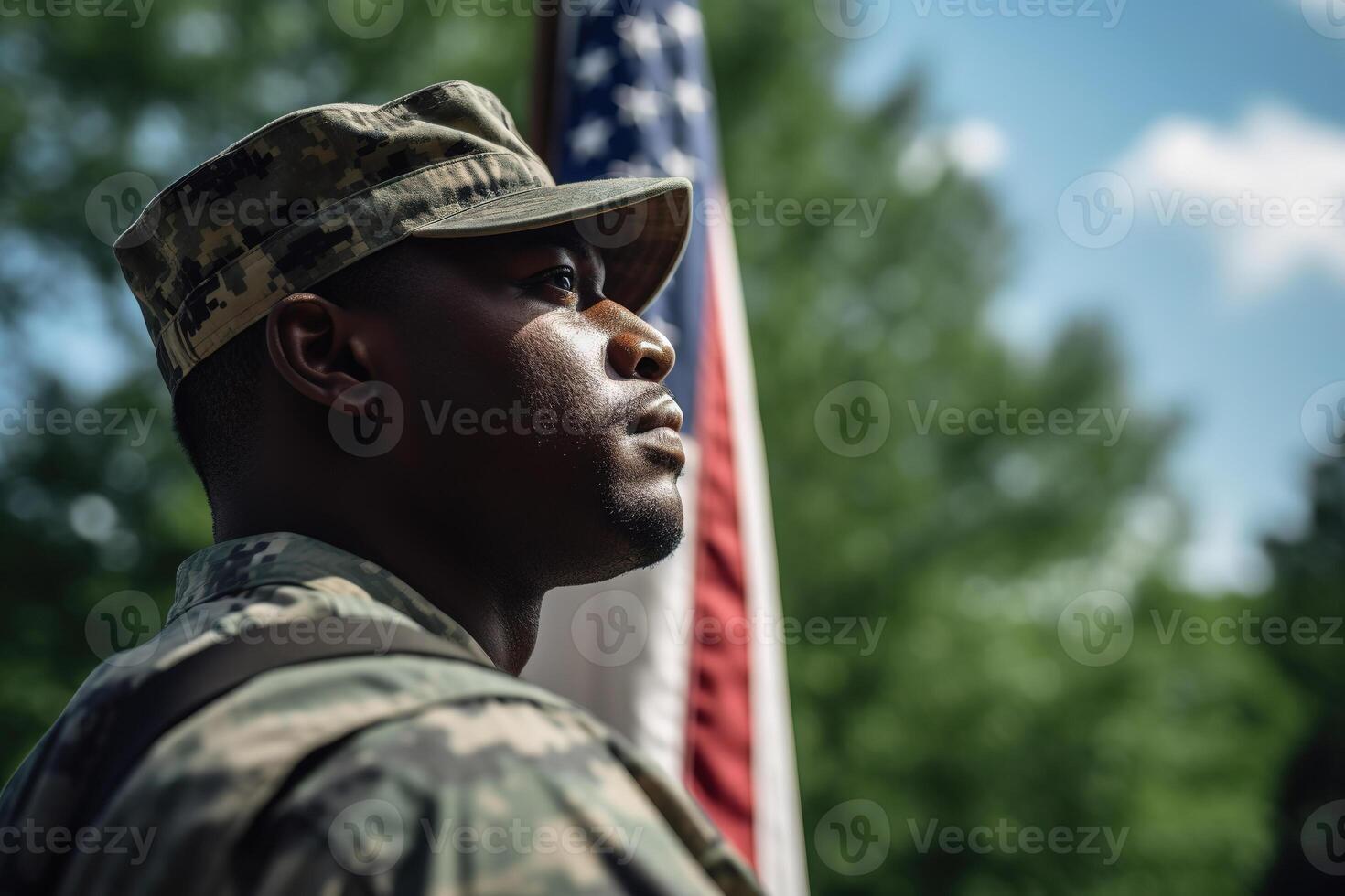 amerikan soldat porträtt, oss flagga bakgrund. generativ ai foto