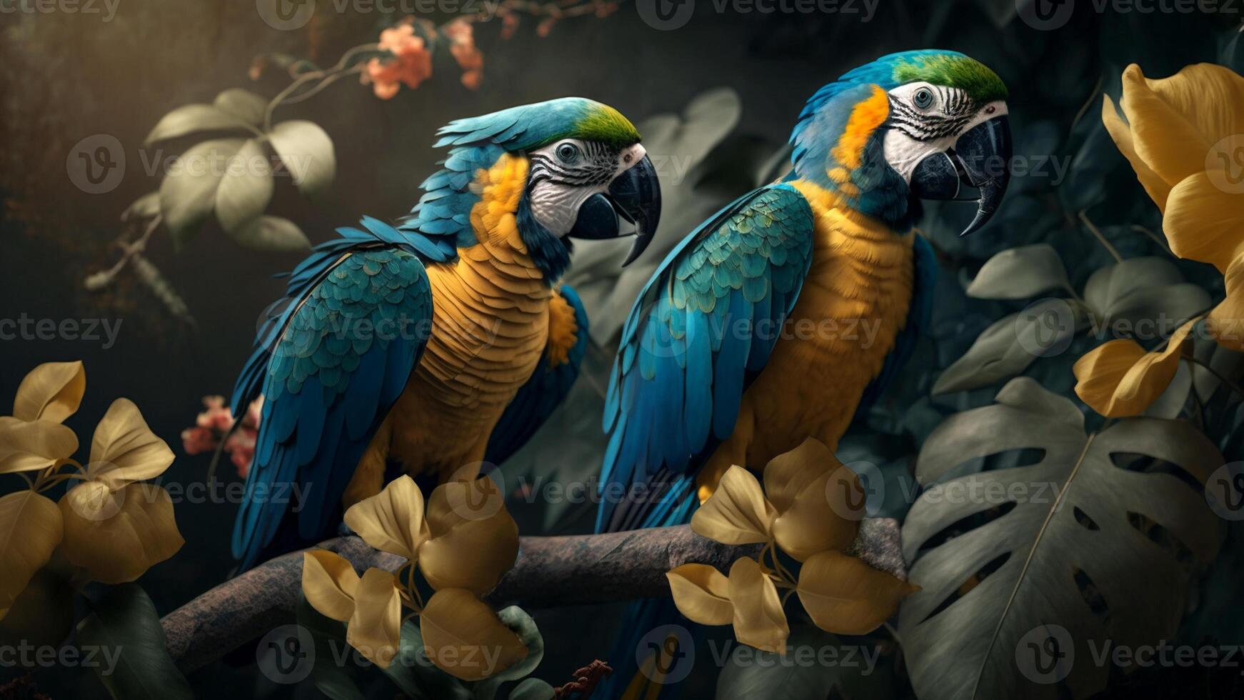 färgrik par av papegojor Sammanträde på gren mellan leafs tropisk regnskog , blommor i de bakgrund, 3d tolkning otroligt detaljerad. foto