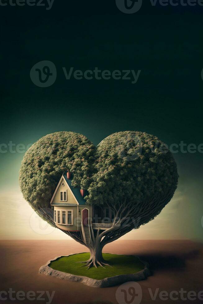 begrepp av hjärtformade grön träd hus, generativ-ai teknologi, digital illustration. foto
