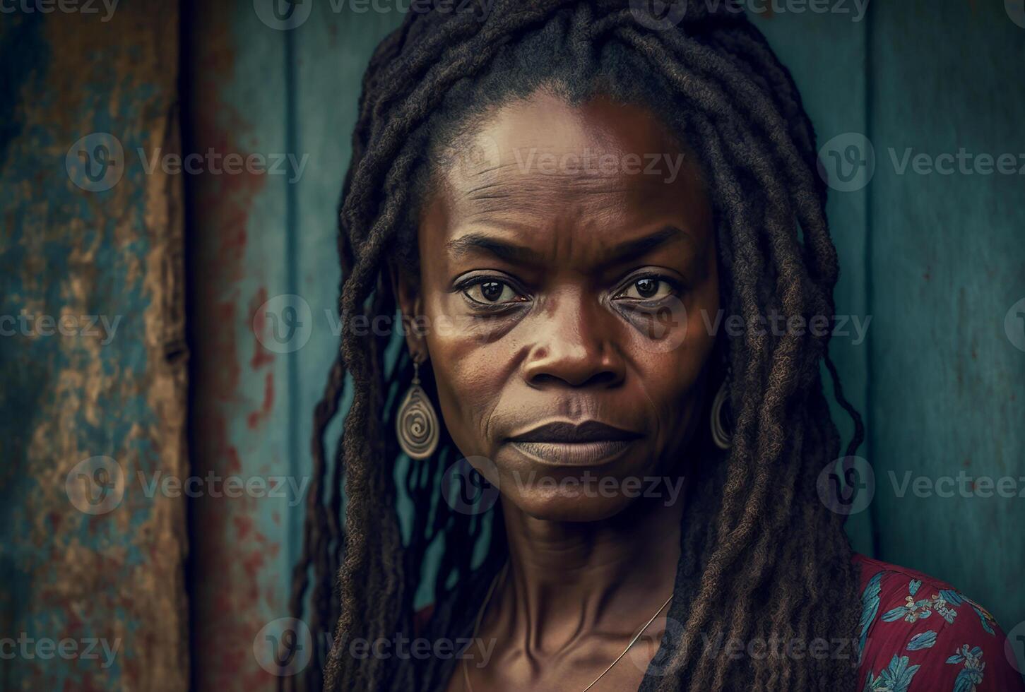 porträtt av trött mogna svart kvinna, generativ ai foto
