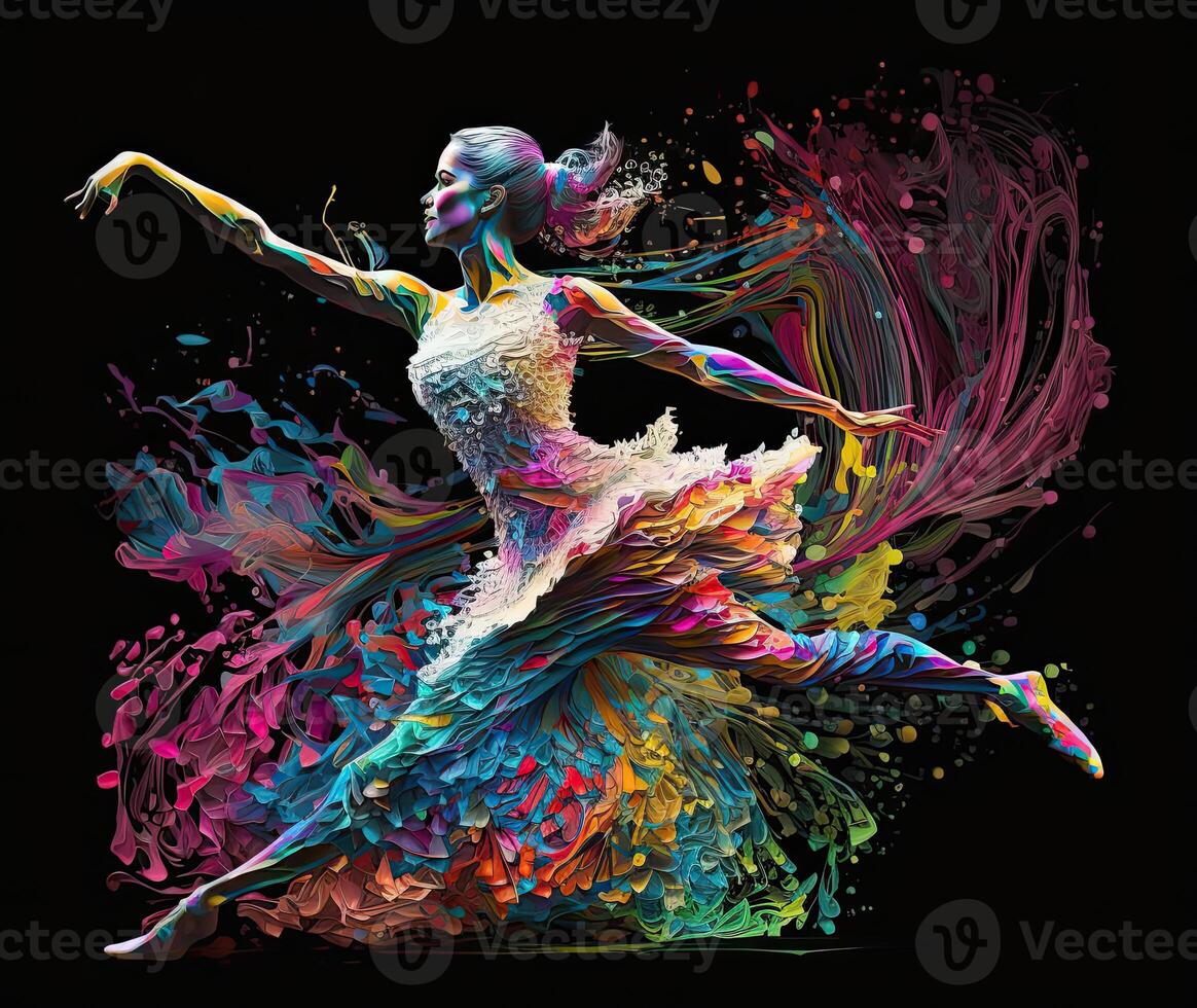 balett dansare stänk färgrik illustration, svart bakgrund med kopia Plats. generativ ai foto
