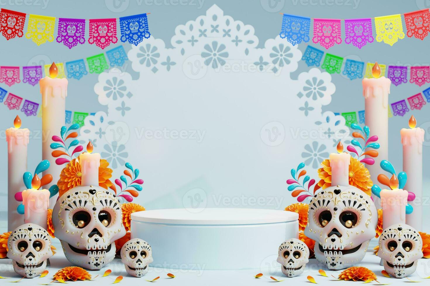 3d tolkning för dag av de död, dia de muertos altare begrepp. sammansättning av söt socker skallar, vit ljus, ringblomma blommor, panorera de muerto, kaktus, gitarr av de död. 3d illustration foto