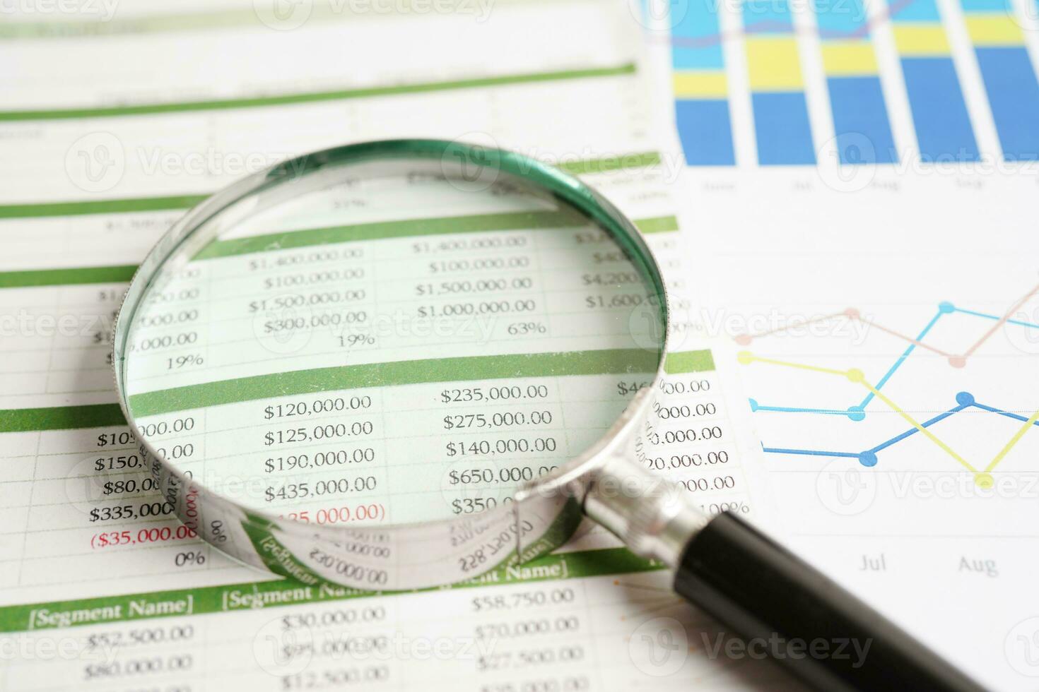 förstoringsglas på diagram diagram papper. finansiell utveckling, bankkonto, statistik, investeringsanalytisk forskningsdataekonomi. foto