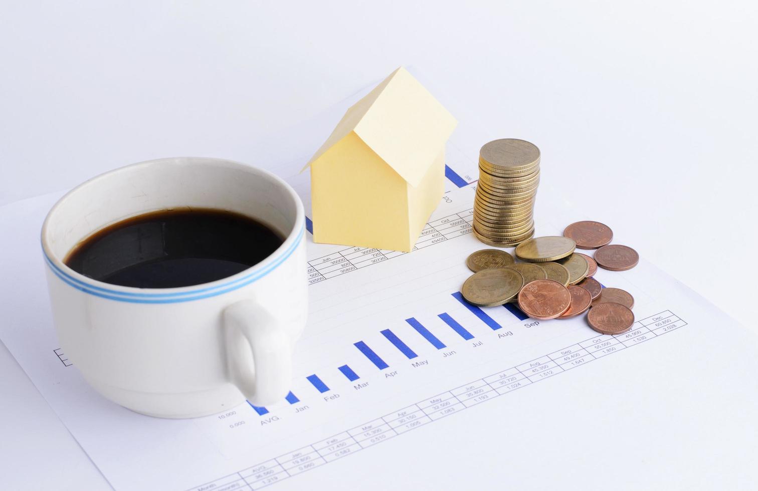 pengar mynt bunt och hus papper med kaffekopp på diagram för bostadslån pengar koncept foto
