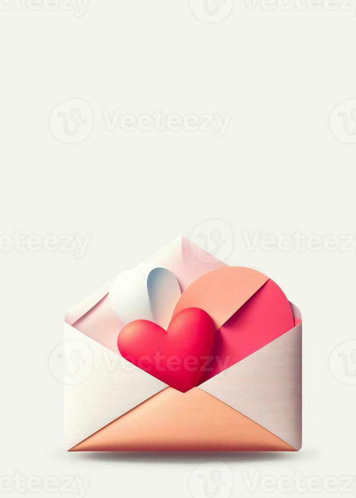 3d framställa av papper hjärta inuti kuvert i pastell Färg. foto