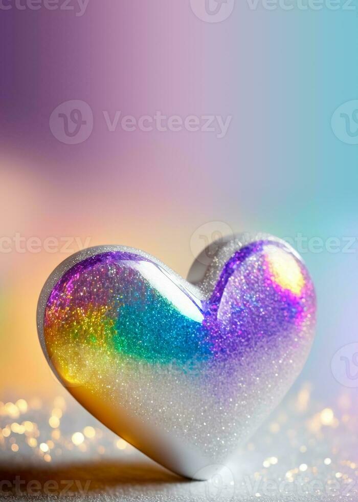 skinande färgrik glittrande hjärta form på regnbåge bakgrund. 3d framställa. foto