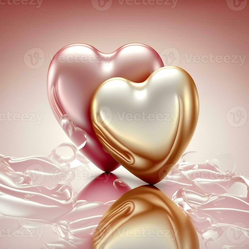 glansig gyllene och rosa två hjärta former med reflexion bakgrund. 3d framställa kärlek begrepp. foto
