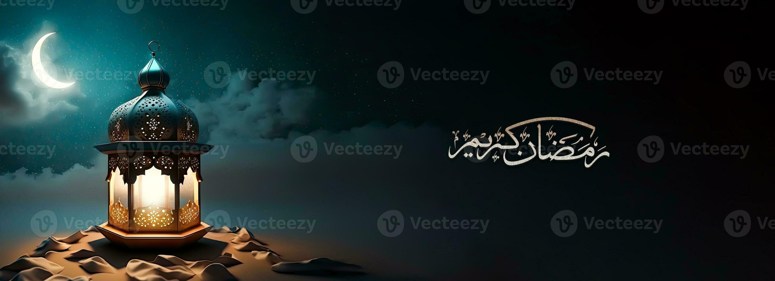 arabicum kalligrafi av ramadan kareem och realistisk upplyst arabicum lampa på halvmåne måne natt bakgrund. 3d framställa. foto