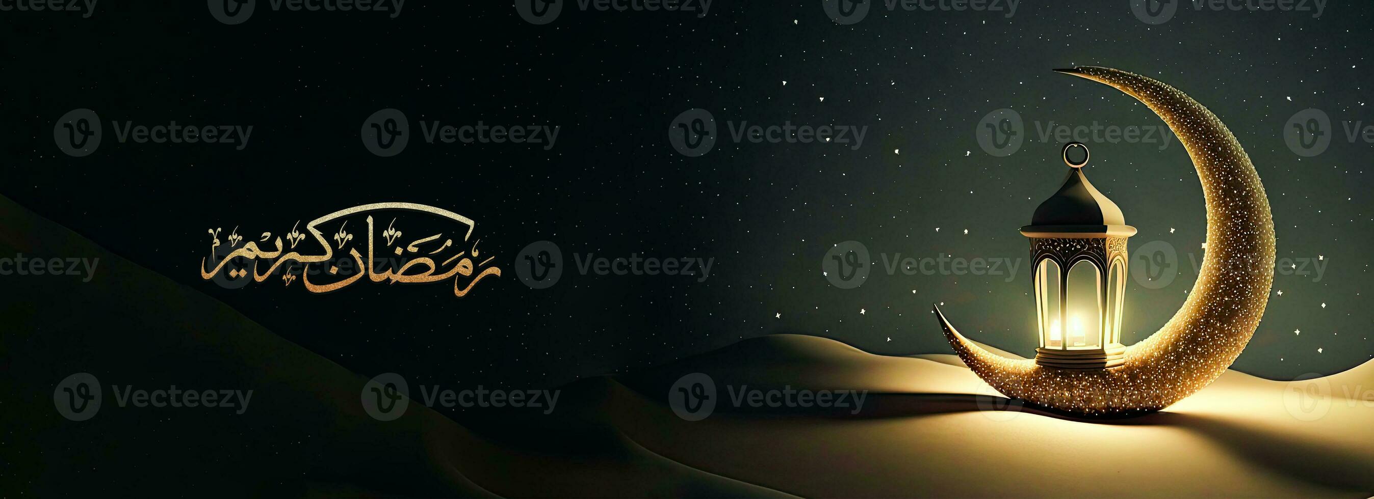 arabicum kalligrafi av ramadan kareem och 3d framställa, gyllene utsökt halvmåne måne med upplyst lampa på sand dyn. baner eller rubrik design. foto