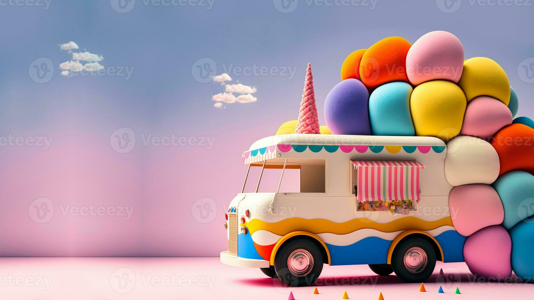 3d framställa, fantasi färgrik mat lastbil av godis land på rosa och blå bakgrund. foto