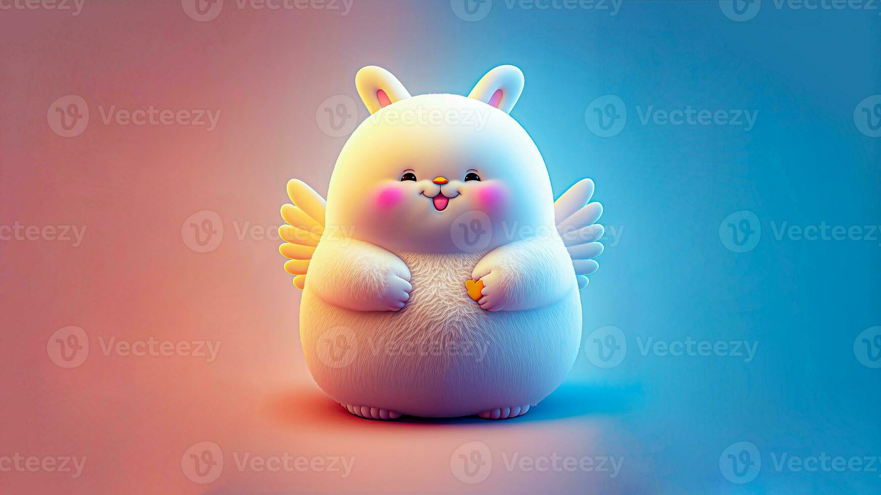 3d framställa av Lycklig kanin karaktär med vingar på skinande rosa och blå lutning bakgrund och kopia Plats. foto