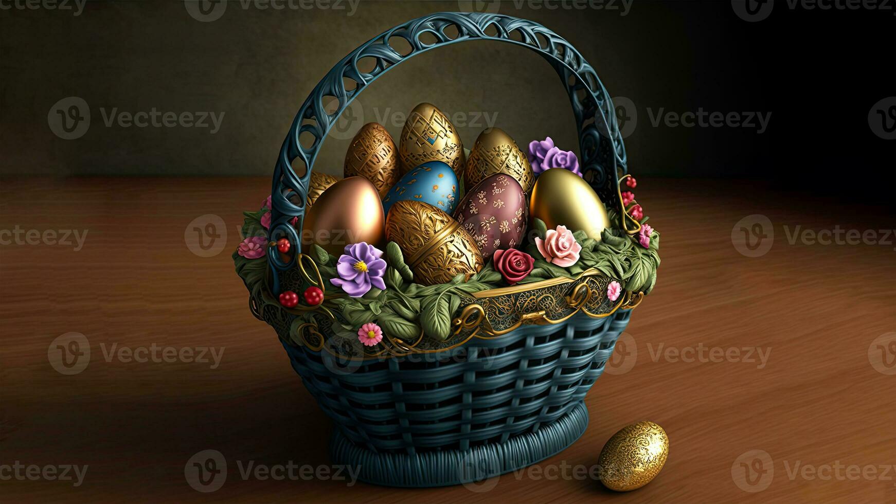 påsk ägg med blomma i korg på brun trä- textur bakgrund och kopia Plats. påsk dag begrepp. foto