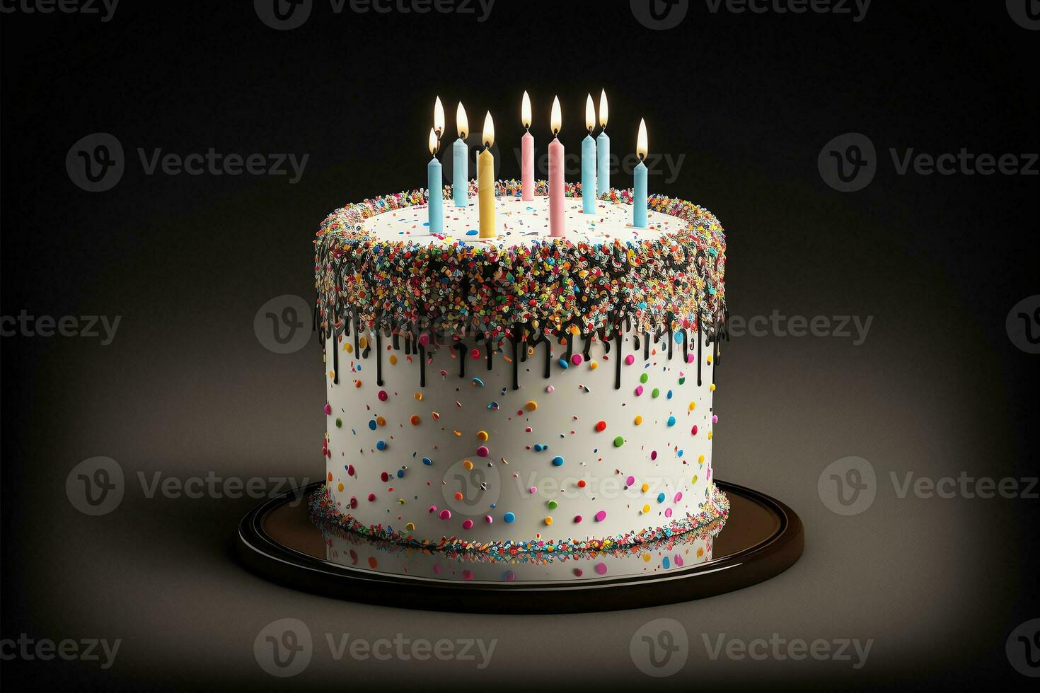 realistisk födelsedag kaka dekorerad med färgrik strössel och massor av belyst ljus. foto