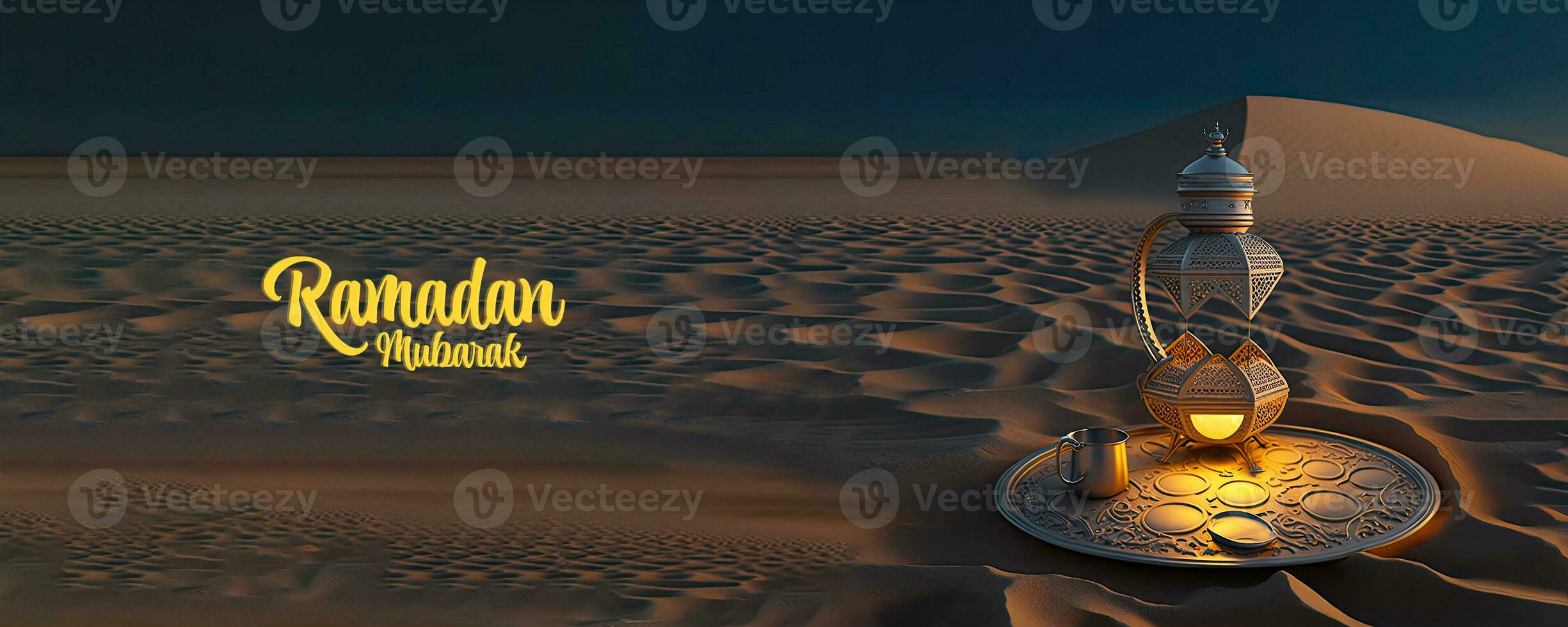 ramadan mubarak baner design med 3d framställa, upplyst utsökt arabicum lampa med kopp och tallrik på sand dyn bakgrund. foto