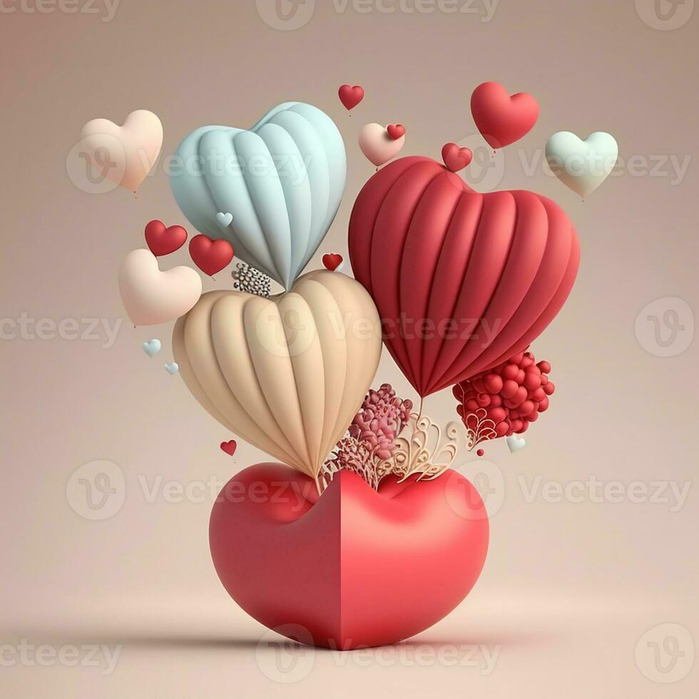3d tolkning, pastell mjuk Färg hjärta form ballonger med realistisk böna väska. foto