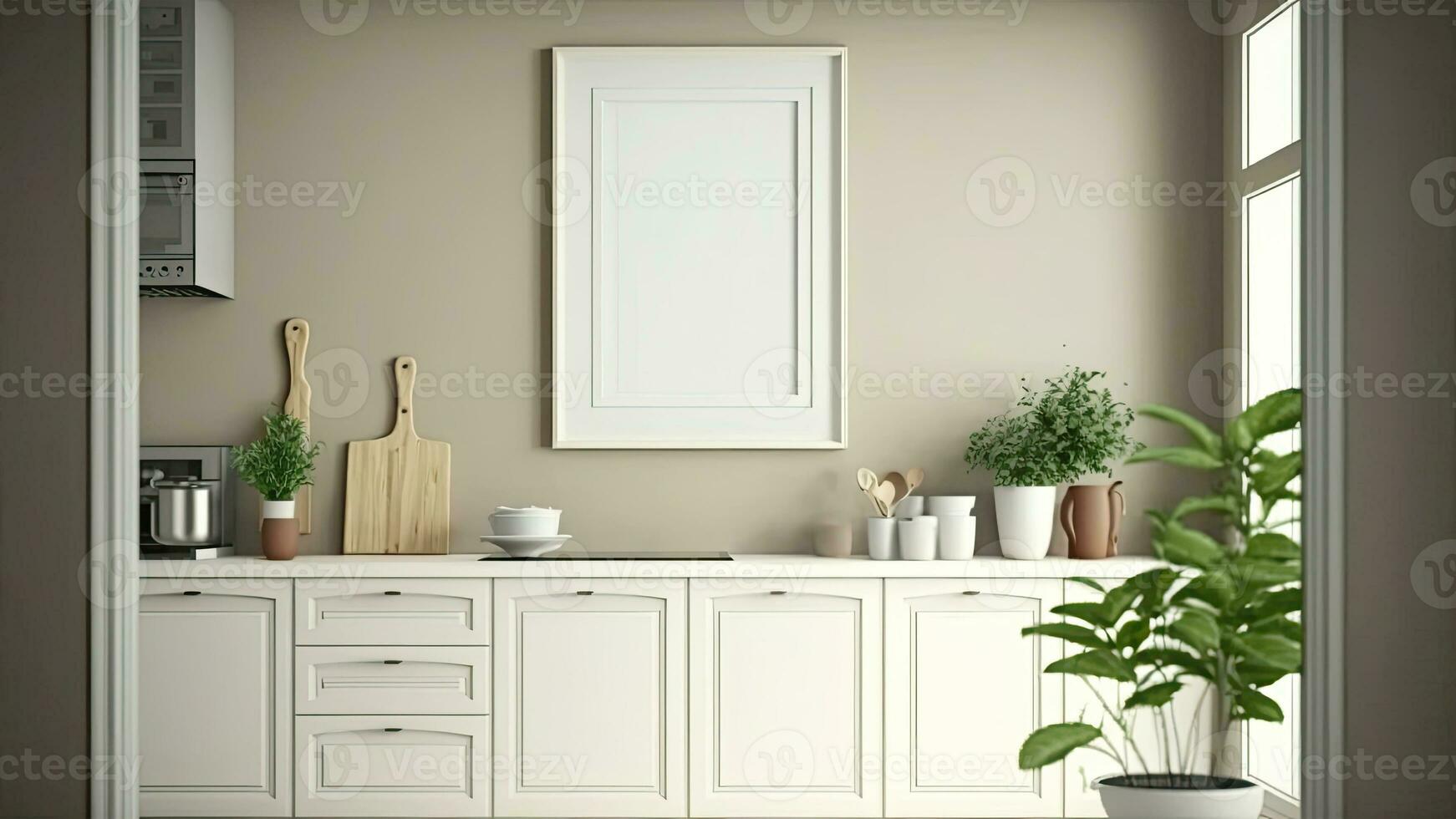 3d sammansättning av minimalistisk kök interiör design, växt kastruller och tom ram mockup. foto