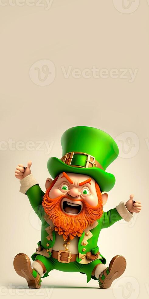 3d framställa av rolig pyssling man karaktär som visar tumme Posten och kopia Plats. st. Patricks dag begrepp. foto