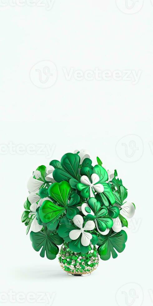 3d framställa av vit och grön klöver växt pott mot bakgrund. st. Patricks dag begrepp. foto