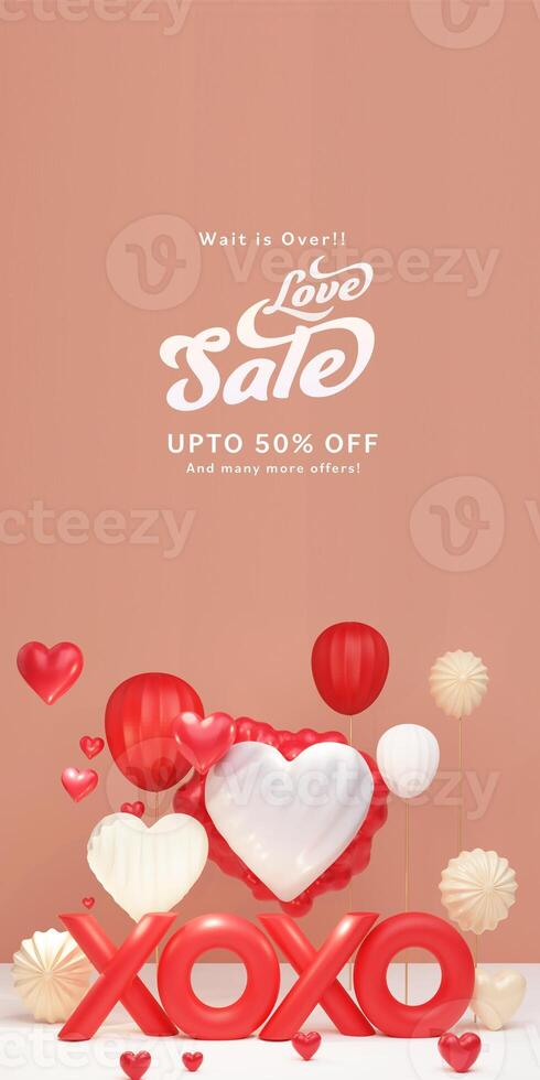 kärlek försäljning rubrik eller baner design med upp till av rabatt erbjudanden, 3d framställa, puss och kram text med hjärta former. foto