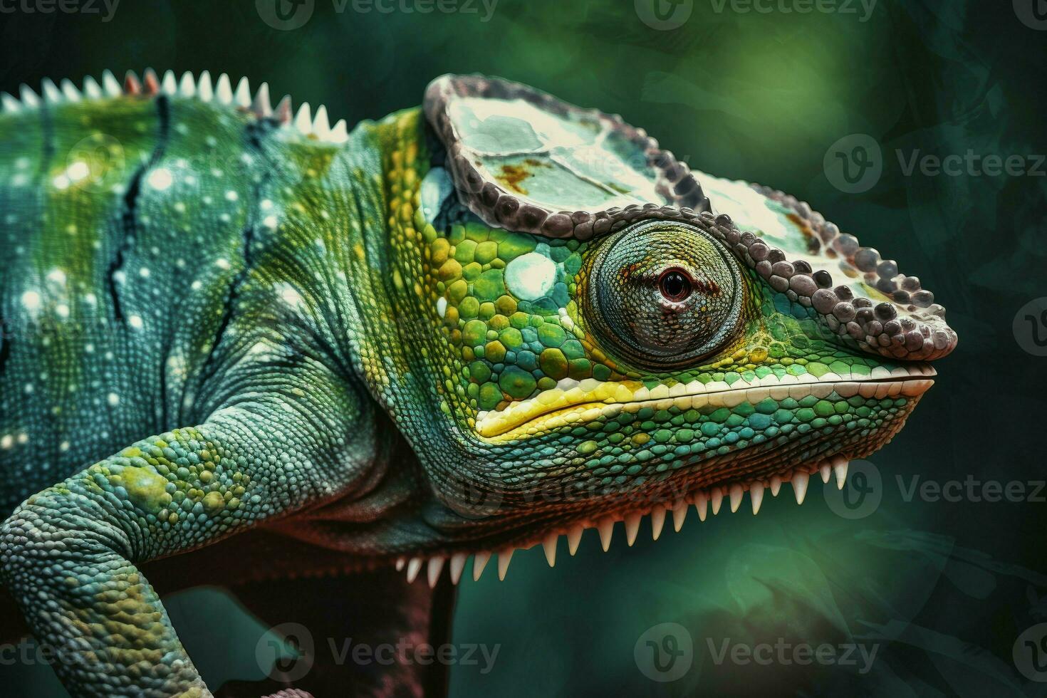 grön kameleont närbild digital. generera ai foto