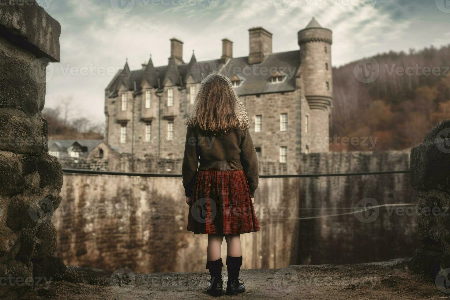 scot söt flicka skott slott. generera ai foto