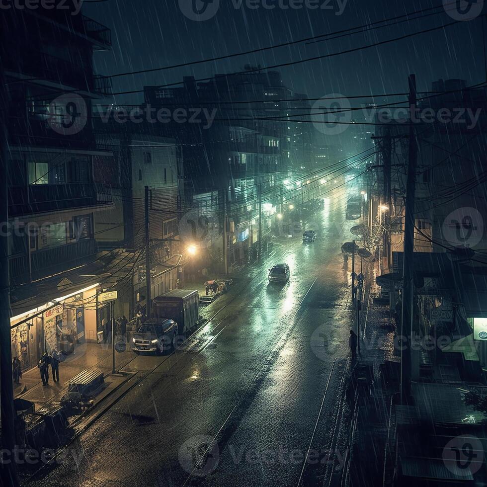 tung regn och mörk natt i de urban. ai generativ foto