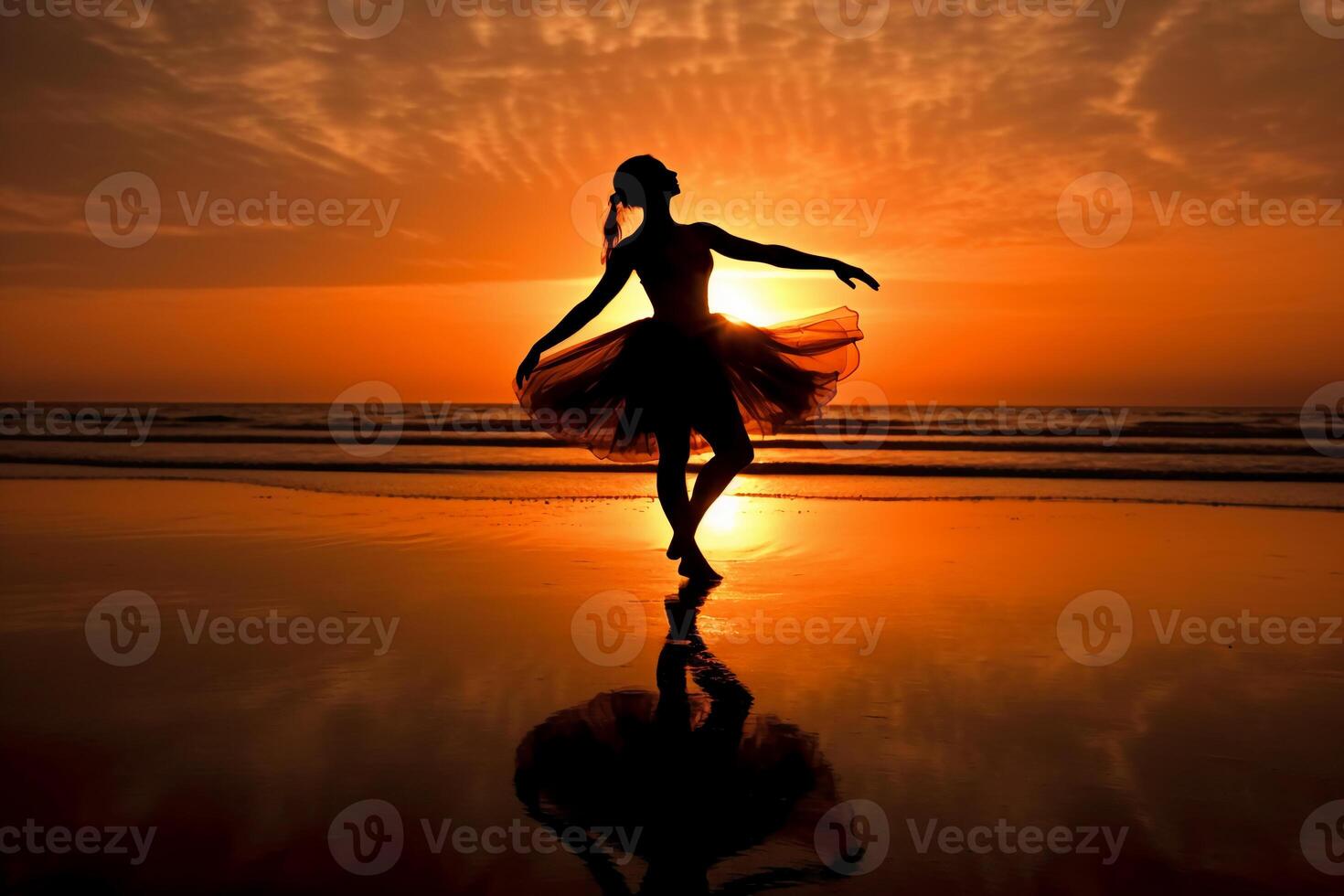 de silhuett av en ballerina på de solnedgång strand. ai generativ foto