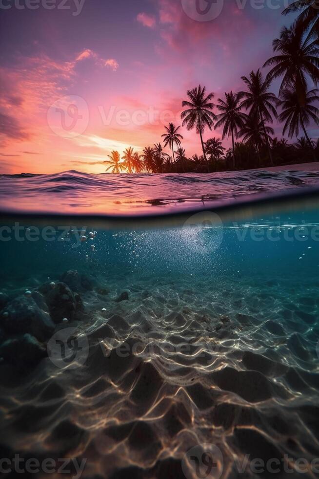 fotografera av skön inbjudande strand scen med lila solnedgång himmel. ai generativ foto