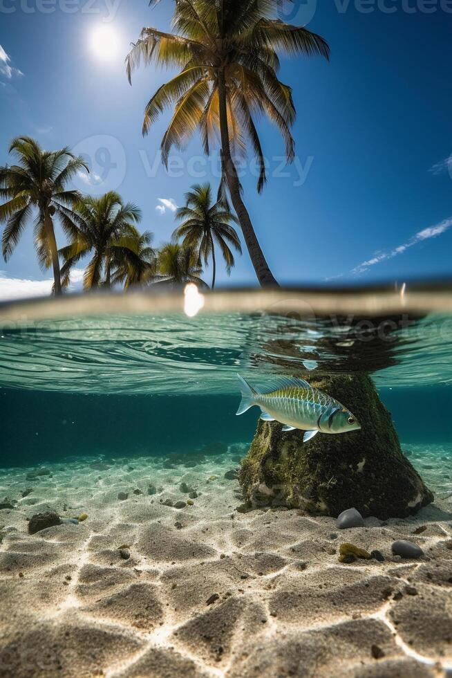 fotografera av skön inbjudande strand scen med blå himmel. ai generativ foto