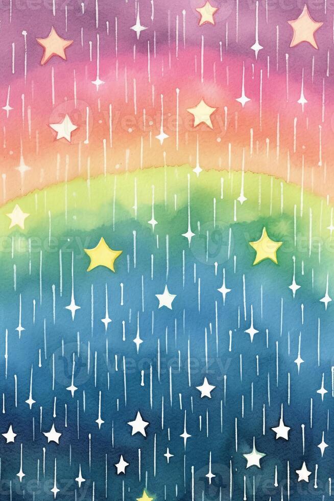 en vattenfärg målning av en regnbåge och stjärnor skriva ut. ai generativ foto