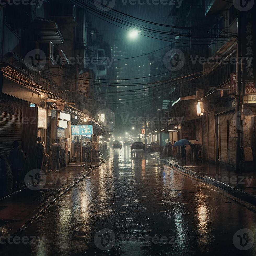 tung regn och mörk natt i de urban. ai generativ foto