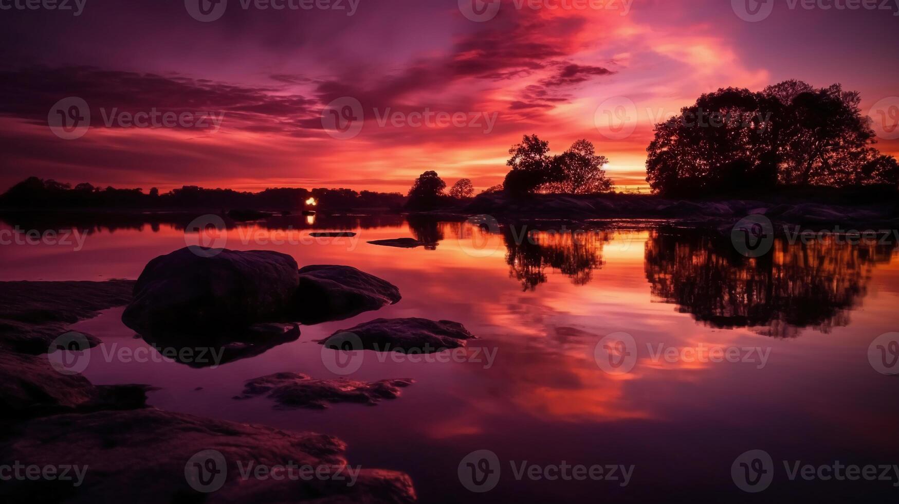 en scen i som de hel rosa himmel är reflekterad i de vatten. ai generativ foto