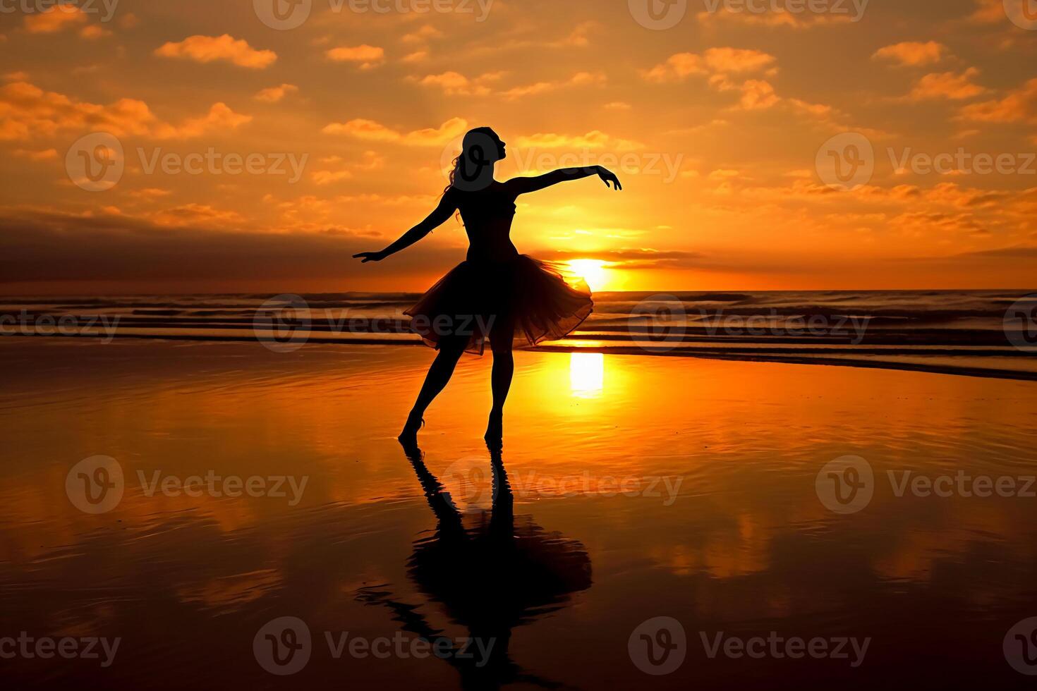 de silhuett av en ballerina på de solnedgång strand. ai generativ foto