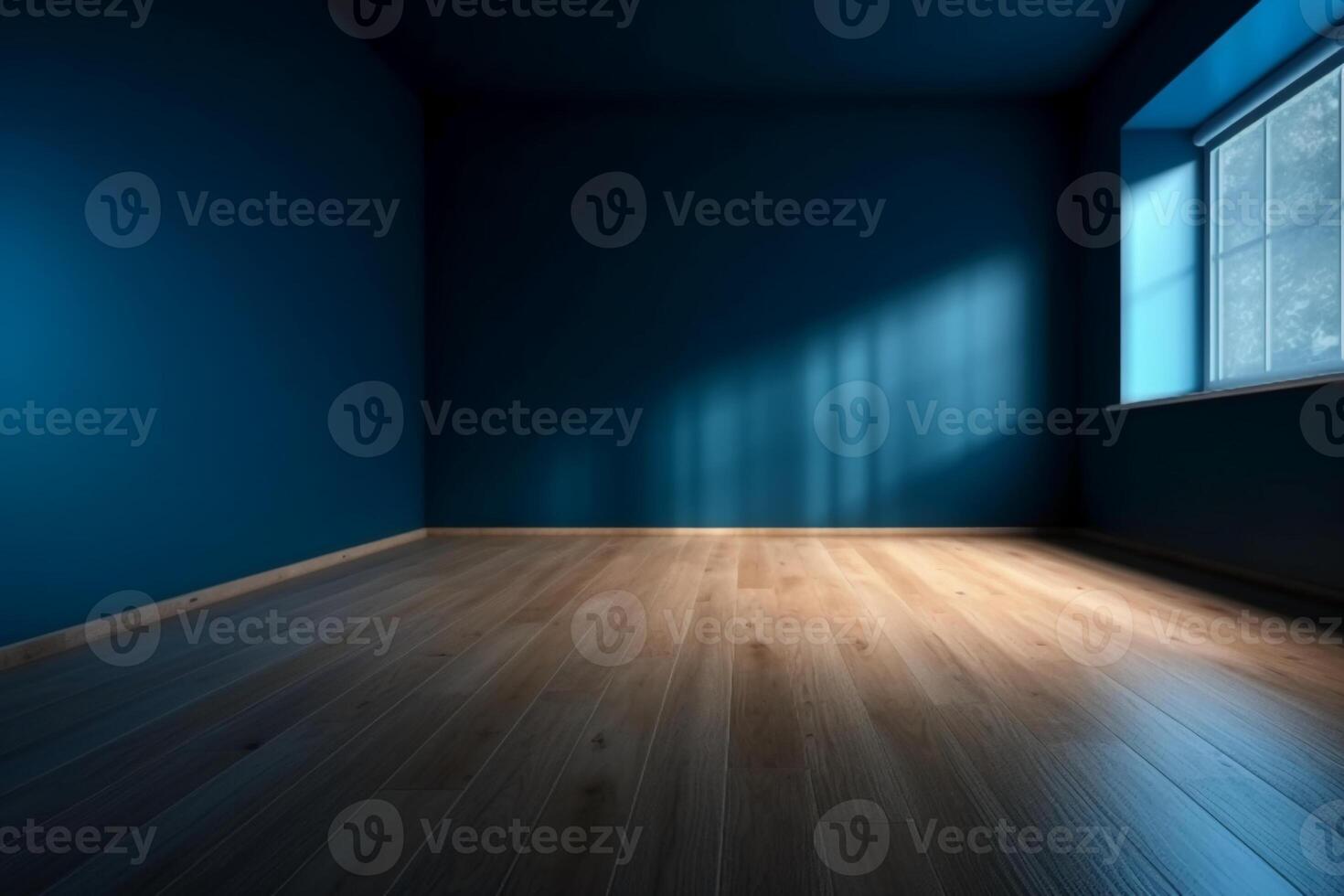 blå tömma vägg och trä- golv med intressant ljus lysa skarpt. interiör bakgrund för de presentation. ai generativ foto