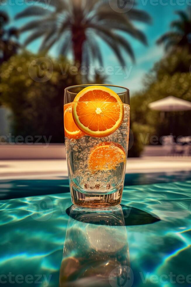 en spritz glas uppsättning på en simning slå samman med ljus strålar. ai generativ foto