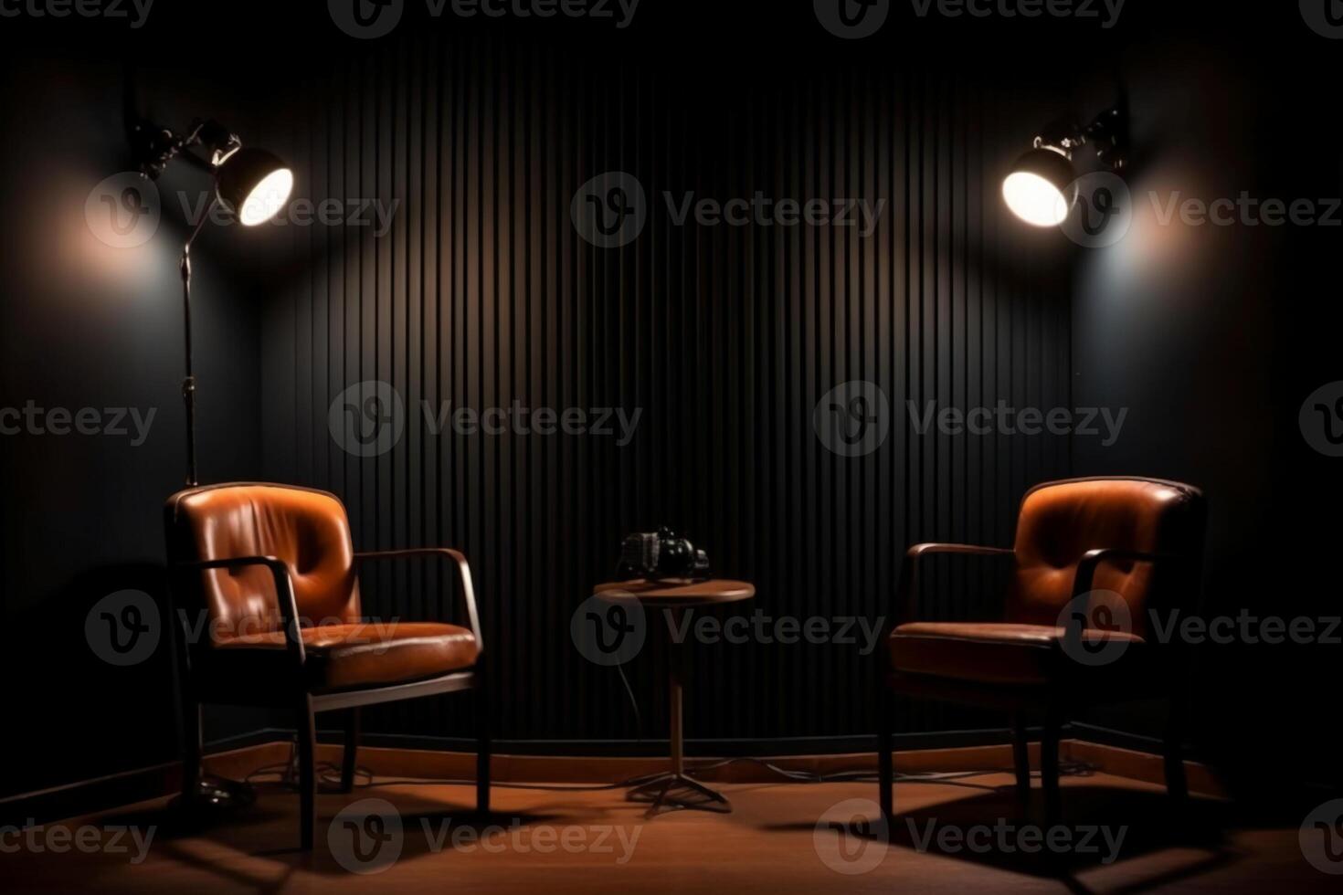 två stolar och spotlights i podcast eller intervju rum på mörk bakgrund. ai generativ foto