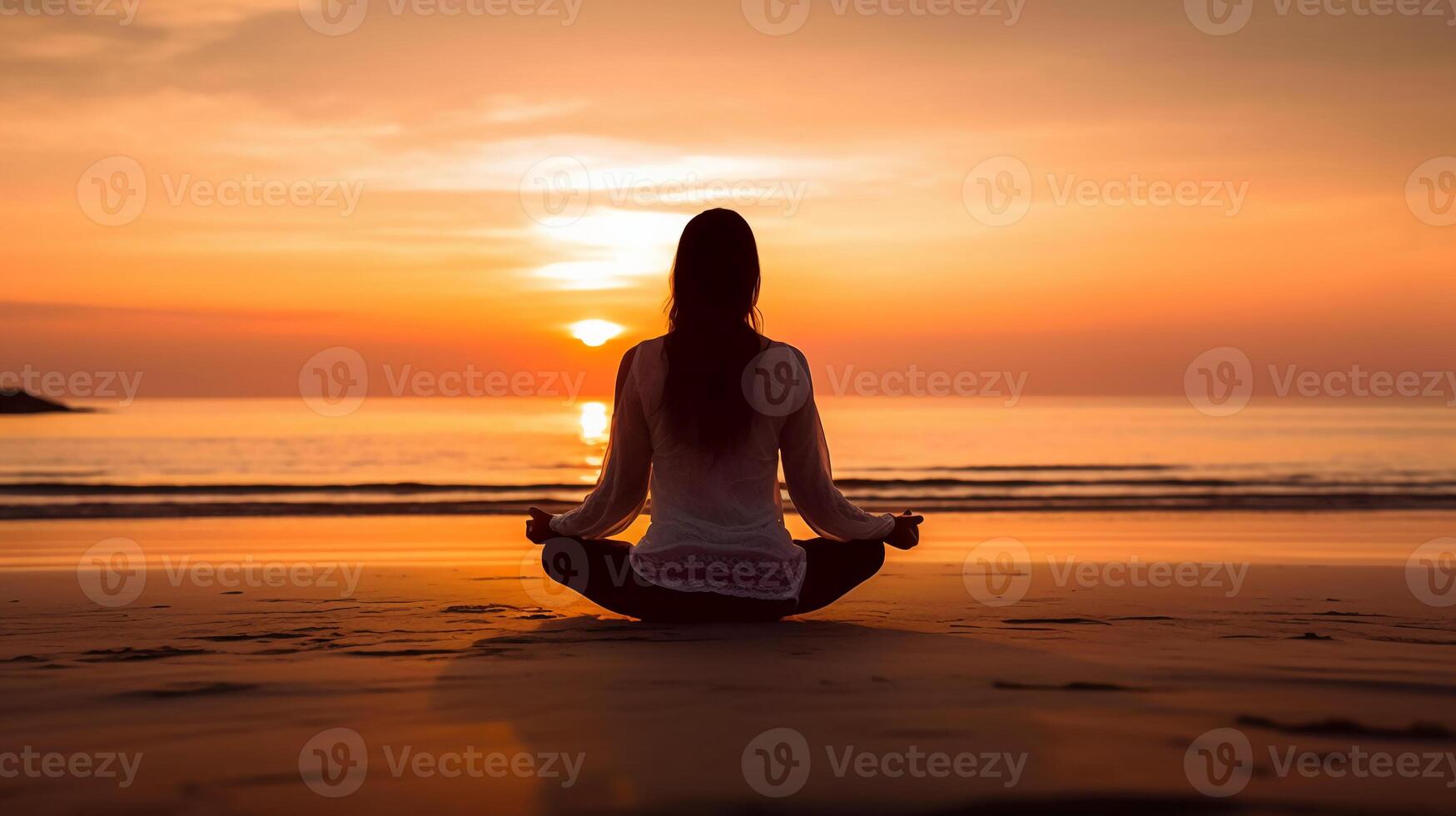 kvinna mediterar på de strand på solnedgång. ai generativ foto