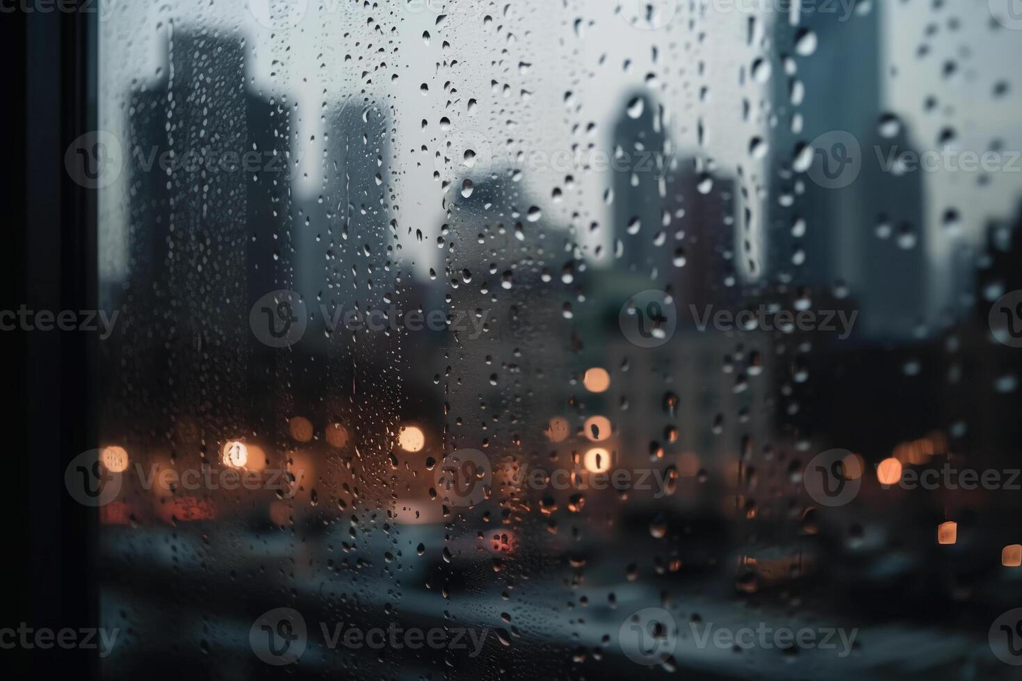 fotografi av regndroppar på de fönster glas i fokus med oskärpa stad horisont i de bakgrund. ai generativ foto