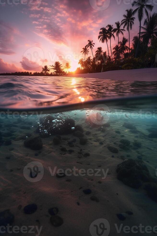 fotografera av skön inbjudande strand scen med rosa solnedgång himmel. ai generativ foto