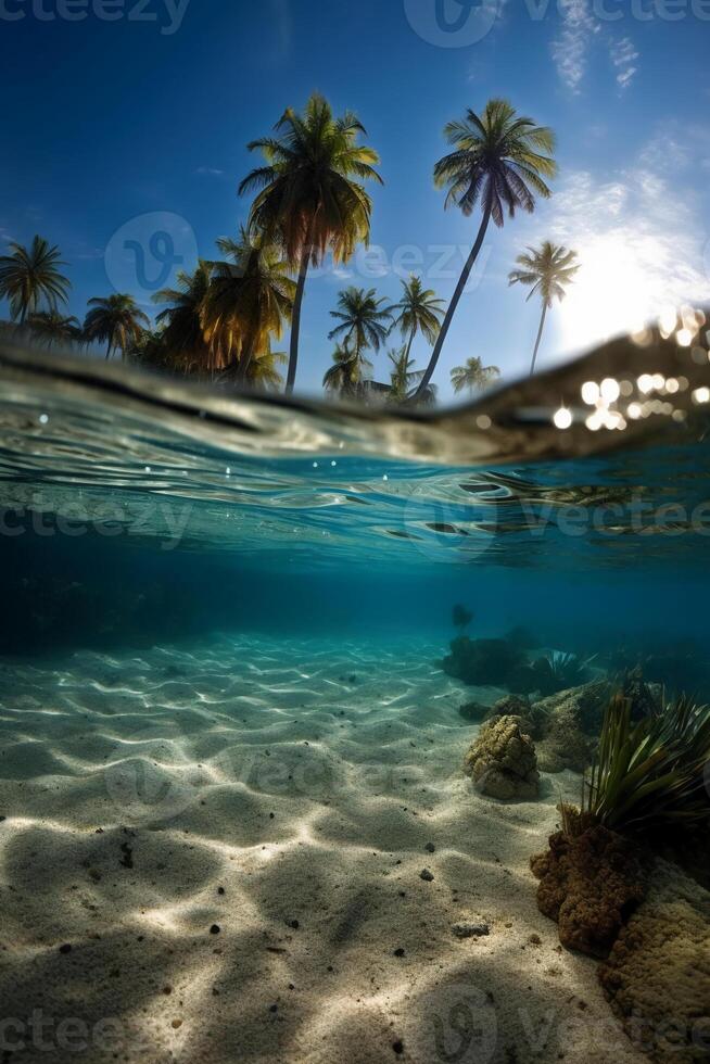 fotografera av skön inbjudande strand scen med blå himmel. ai generativ foto