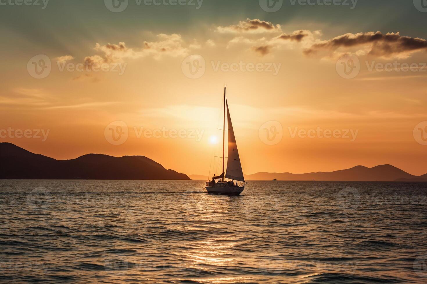 lyx Yacht segling i de mitten av de hav bredvid ett ö och bergen i de horisont på solnedgång som bred baner. ai generativ foto