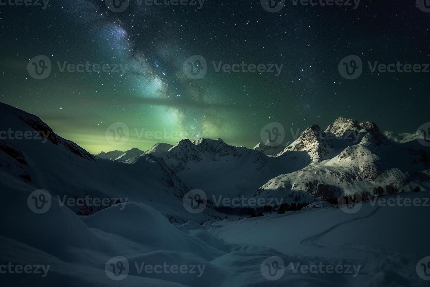 norrsken, swiss alperna, stjärna, snö, vinter. ai generativ foto