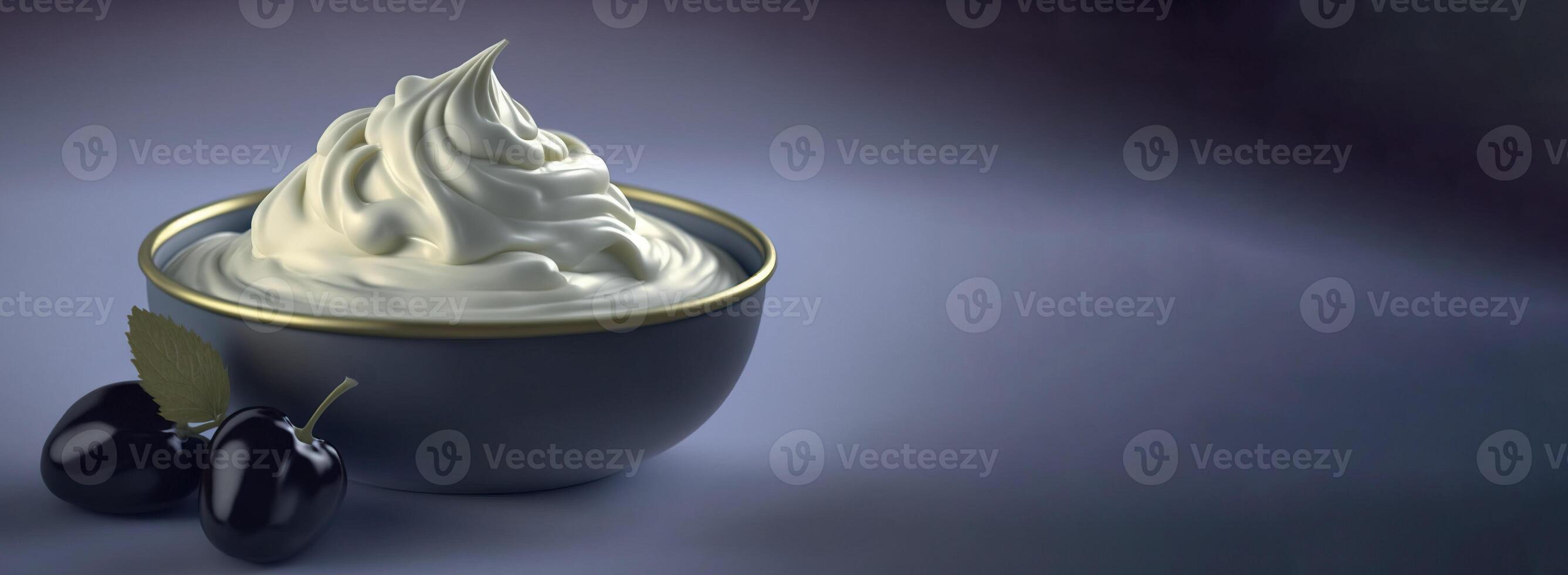 vispad efterrätt yoghurt grädde med bär, mörk bakgrund. ai genererad. foto