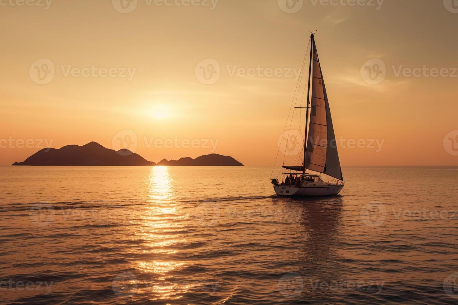 lyx Yacht segling i de mitten av de hav bredvid ett ö och bergen i de horisont på solnedgång som bred baner. ai generativ foto