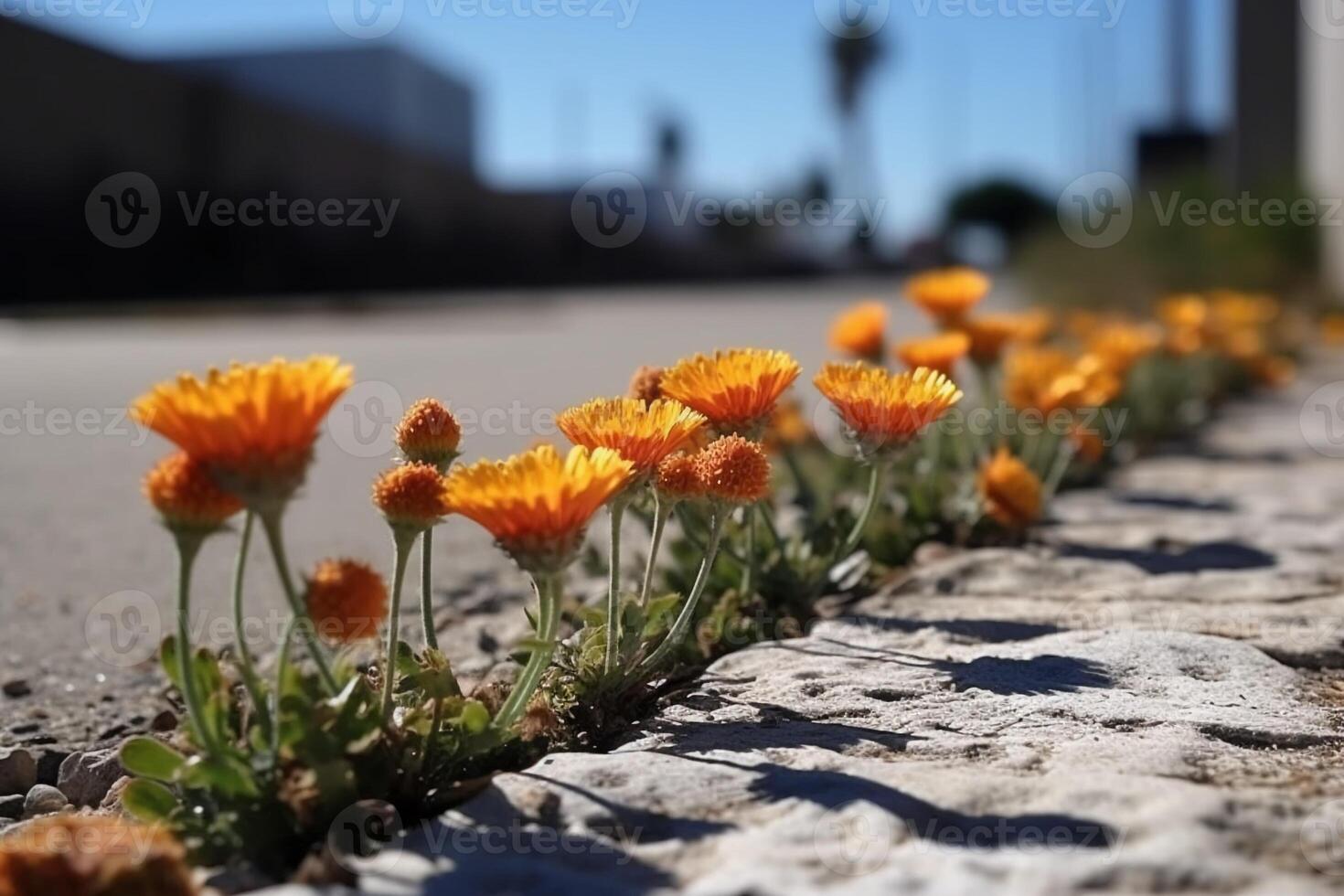 några blommor den där är fodrad upp på de sida av en väg. ai generativ foto