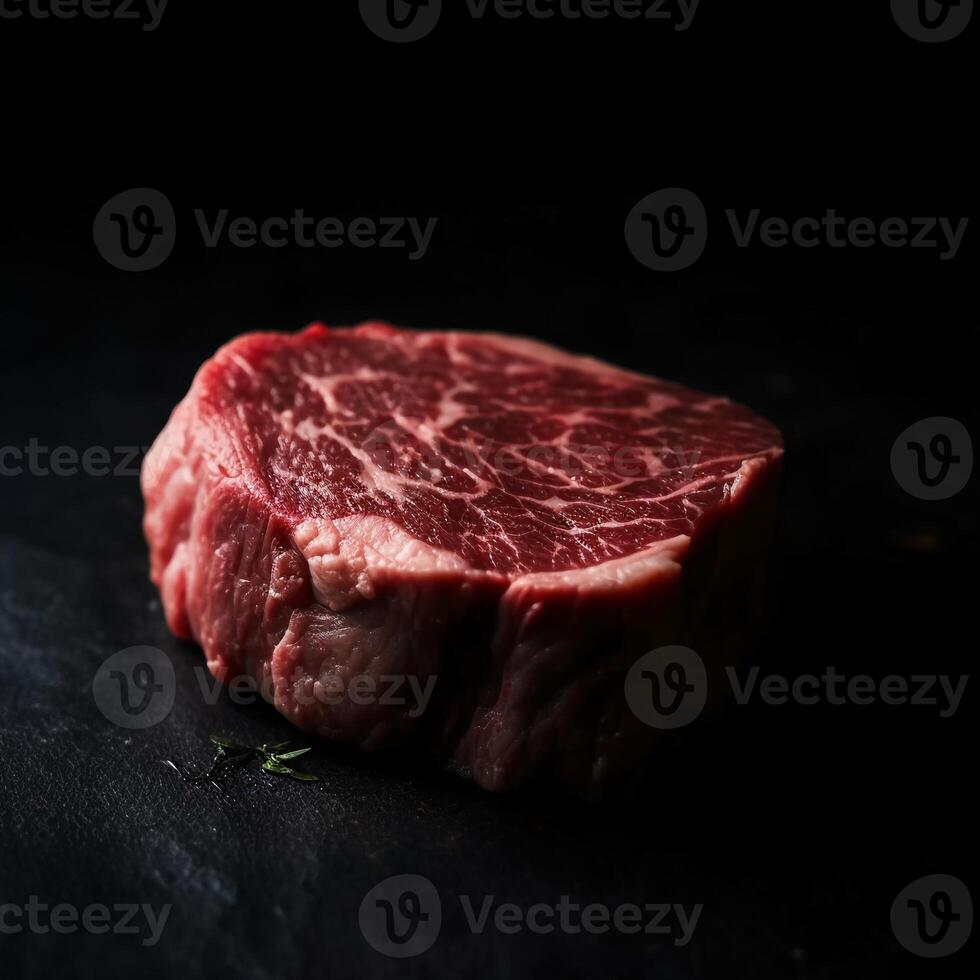 färsk okokt nötkött biff, svart bakgrund. ai generativ foto