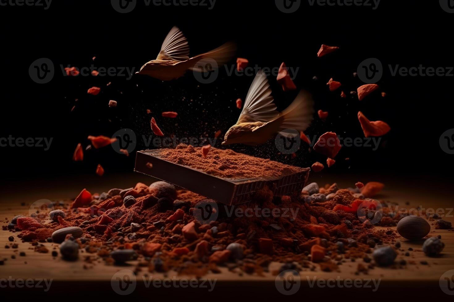 fågel och bit av mörk choklad på kakao pulver. neuralt nätverk ai genererad foto