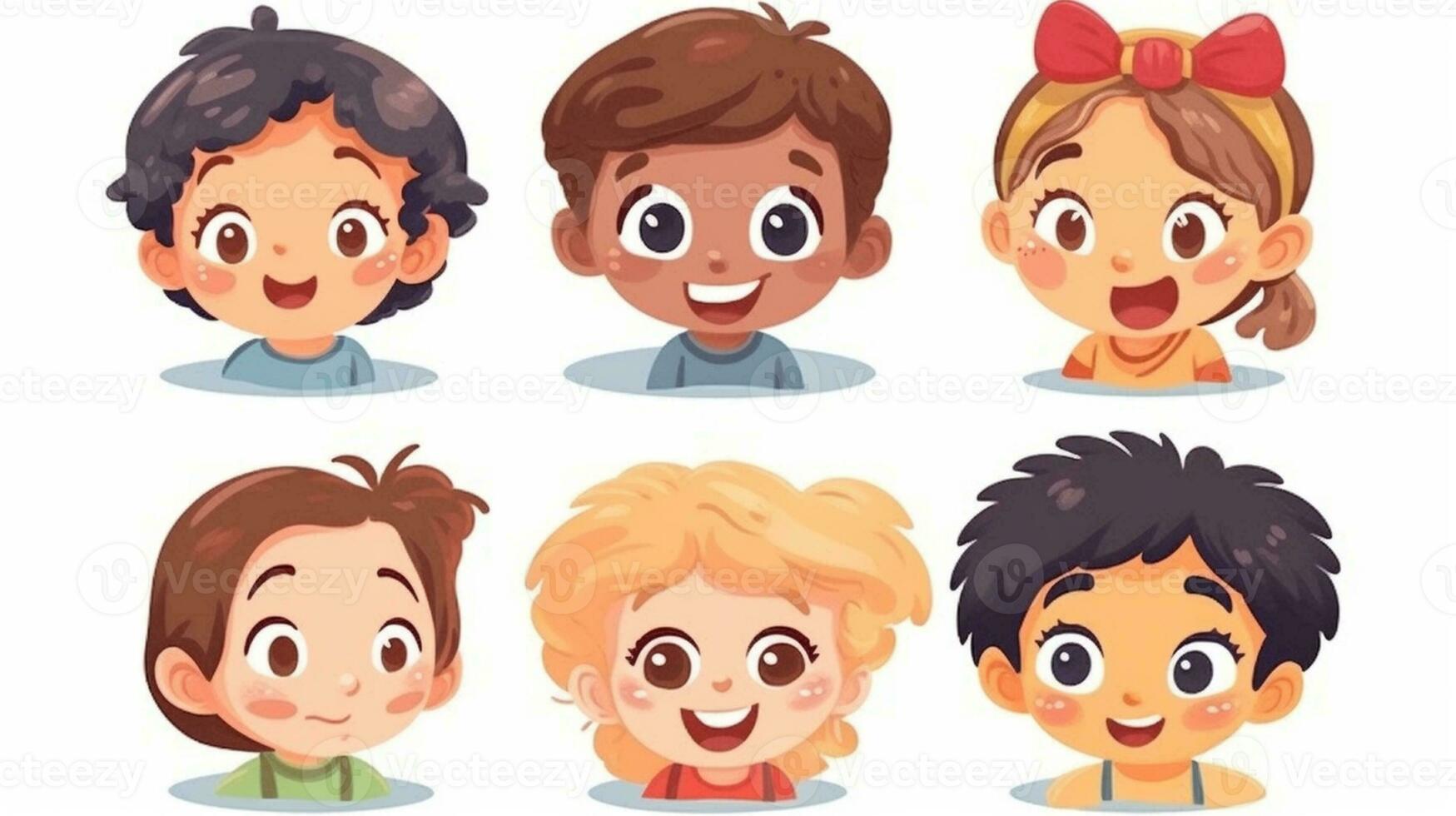 de uppsättning av glad tecknad serie tecken med ljus ler och uttrycksfull ansikten tog med enorma glädje och roligt till de barn i de vibrerande illustration. foto