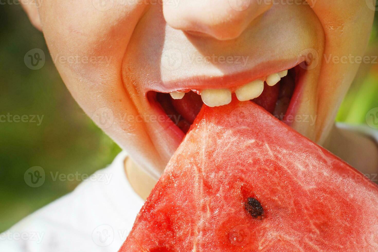 barn pojke äter en skiva av vattenmelon stänga på en bakgrund av grön gräs foto